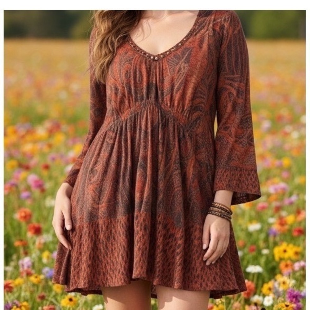 One World 1X Red Paisley Beaded V-Neck Smocked Waist L Sleeve Knit Dress/Tunic